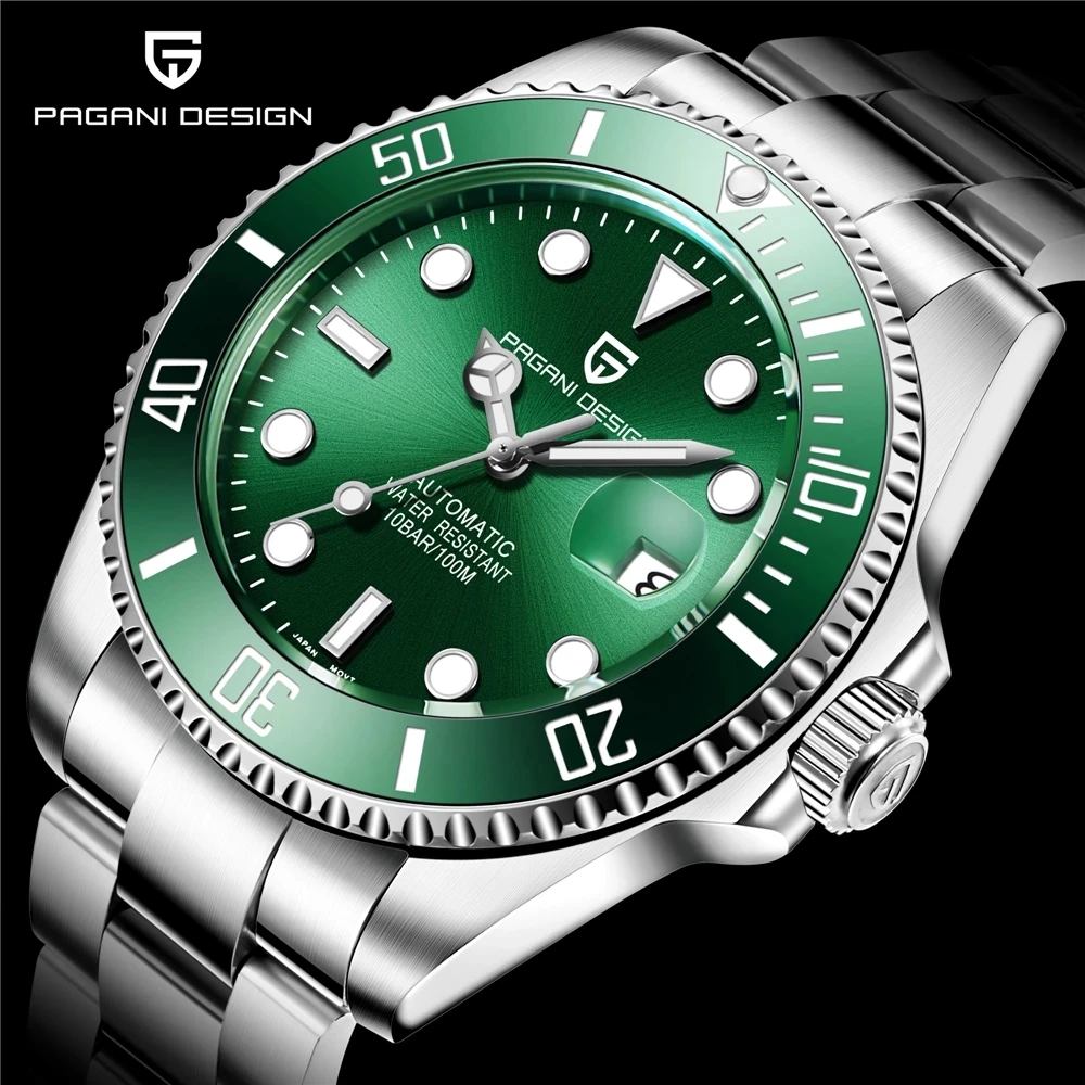 PAGANI Design PD-1639 Men Automatic Watches Japan NH35A Mechanical Full Stainless Steel Waterproof Green Water Ghost Wristwatch