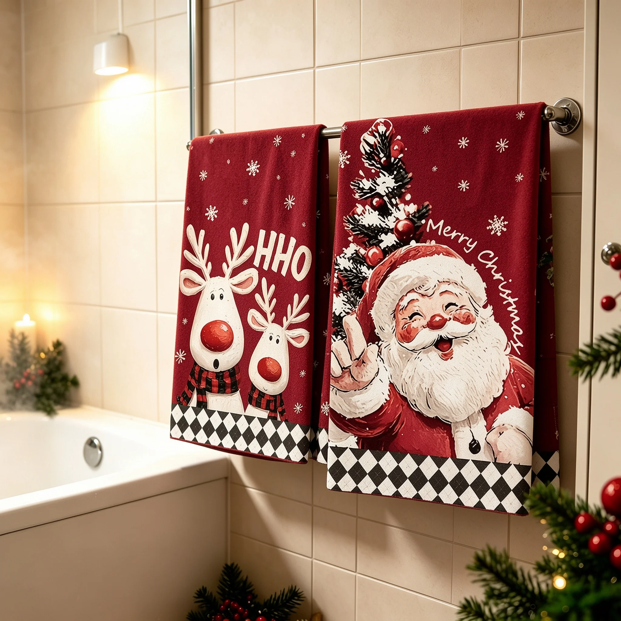 2 Christmas Bathroom Towels, Reusable Towels, Christmas Bathroom Decorations, Creating A Festive Atmosphere, New Year Gifts