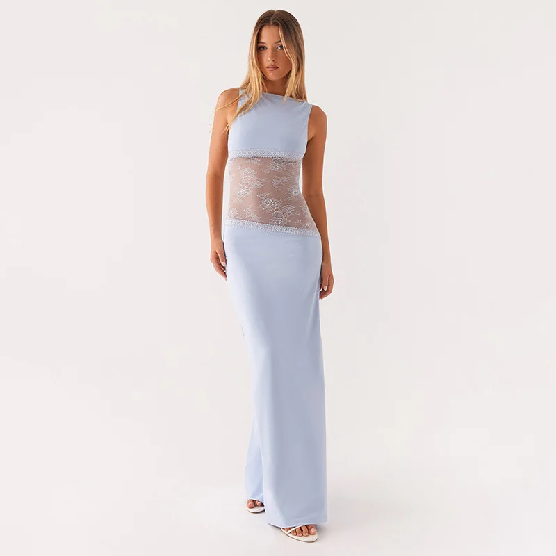 

Sexy Mesh Backless Dress Summer Slim Solid Color Fashionable Sleeveless Round Neck Satin High Waist Splicing A-line Long Dress