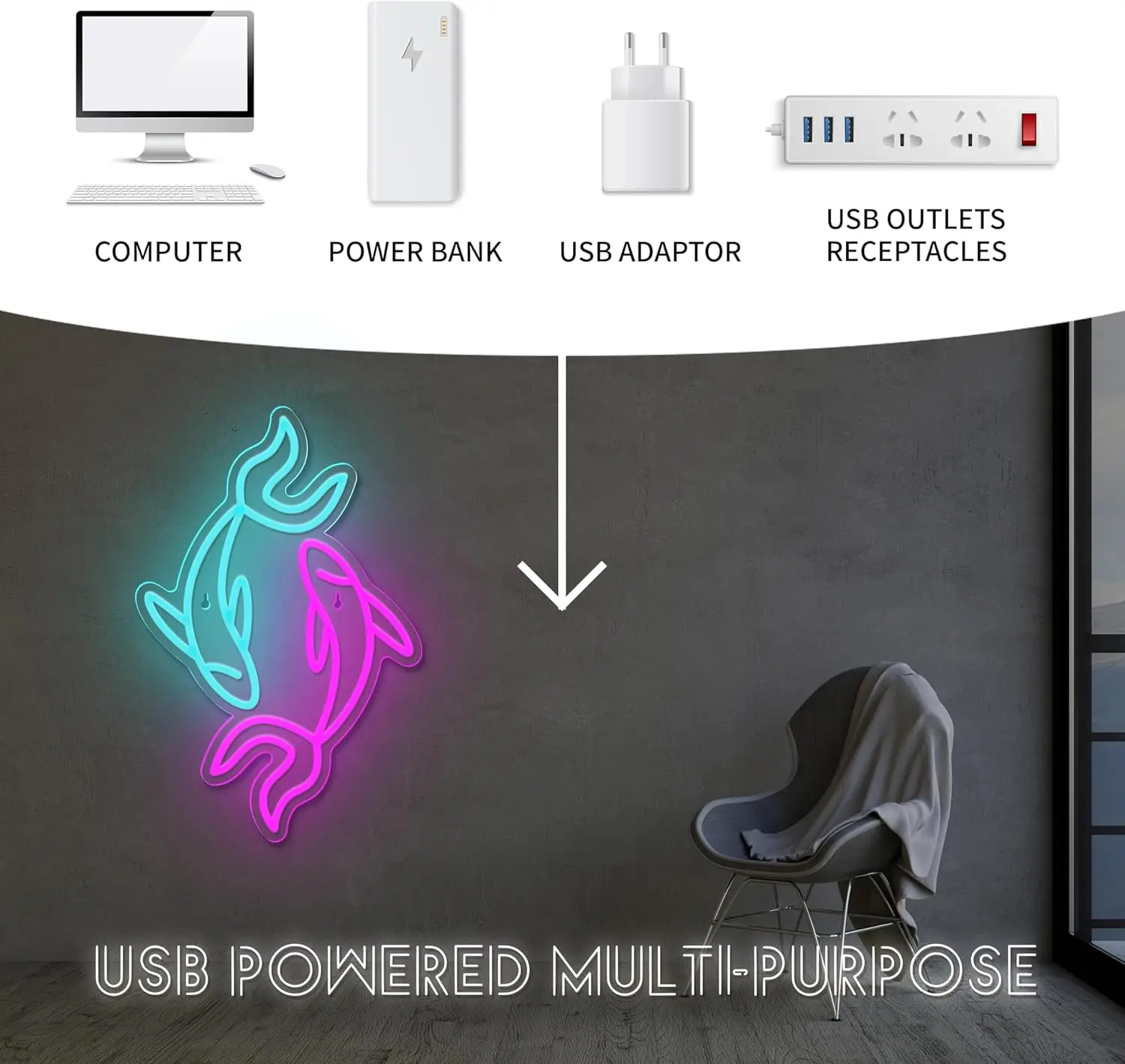 Dolphin Couple Neon Sign LED Wall Art USB Powered Ocean Animal Vibes Bedroom Living Room Beach Theme Game Zone Aesthetic Decor