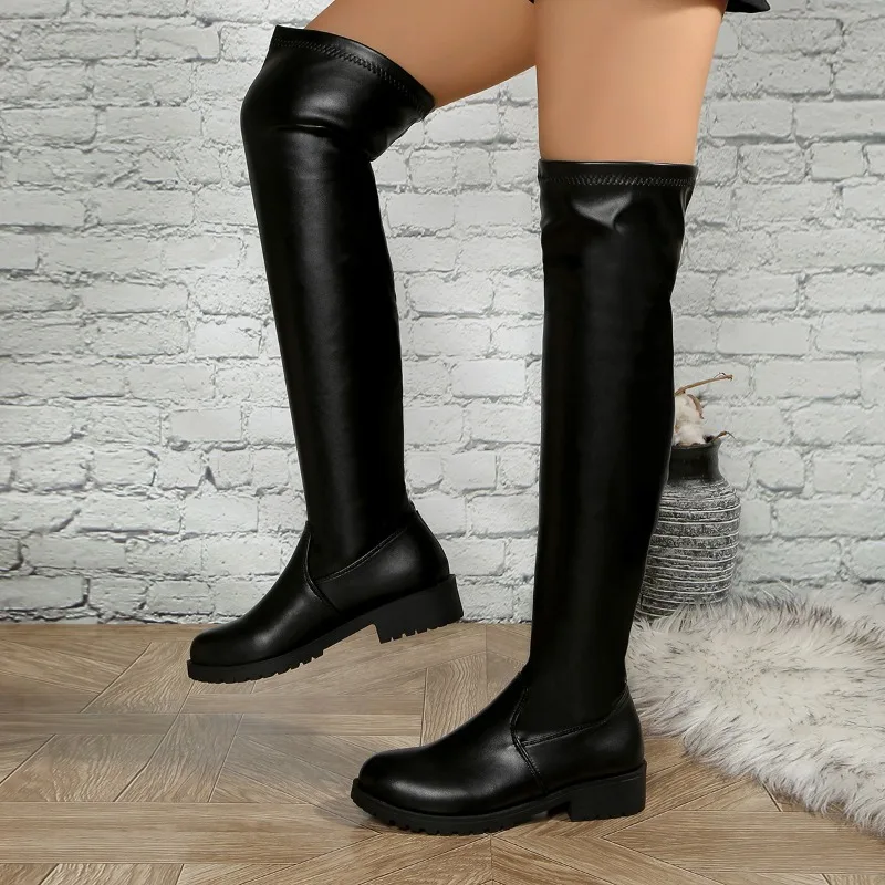 Botas por encima de la rodilla con plataforma de talla grande para mujer, punta redonda, cremallera, tacón medio, botas hasta el muslo elásticas para otoño e invierno, tacón de bloque