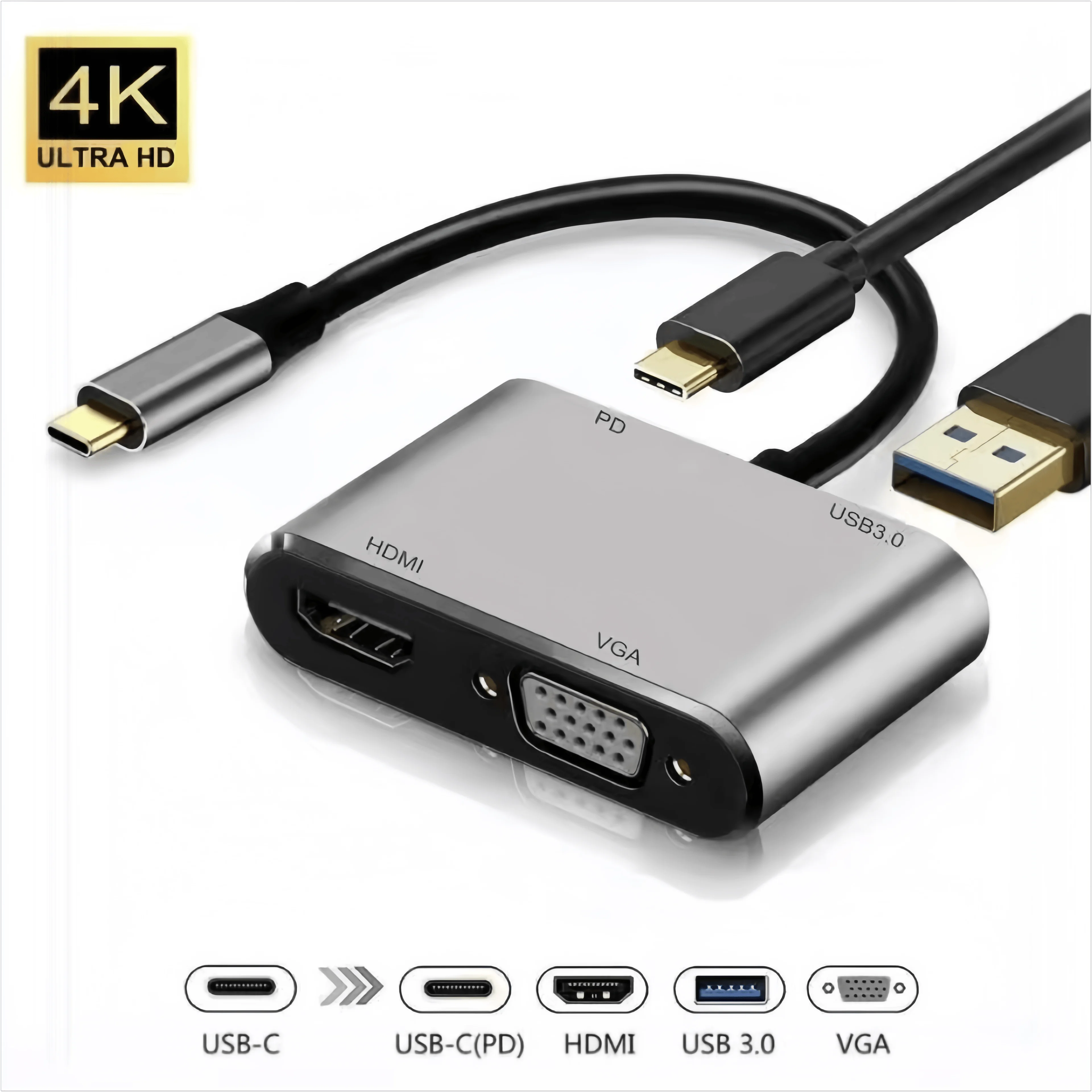 

4 in 1 Type C To HDMI cable/adapter 4k*2k Type C To HDMI VGA 3.0 USB C PD HUB for PC