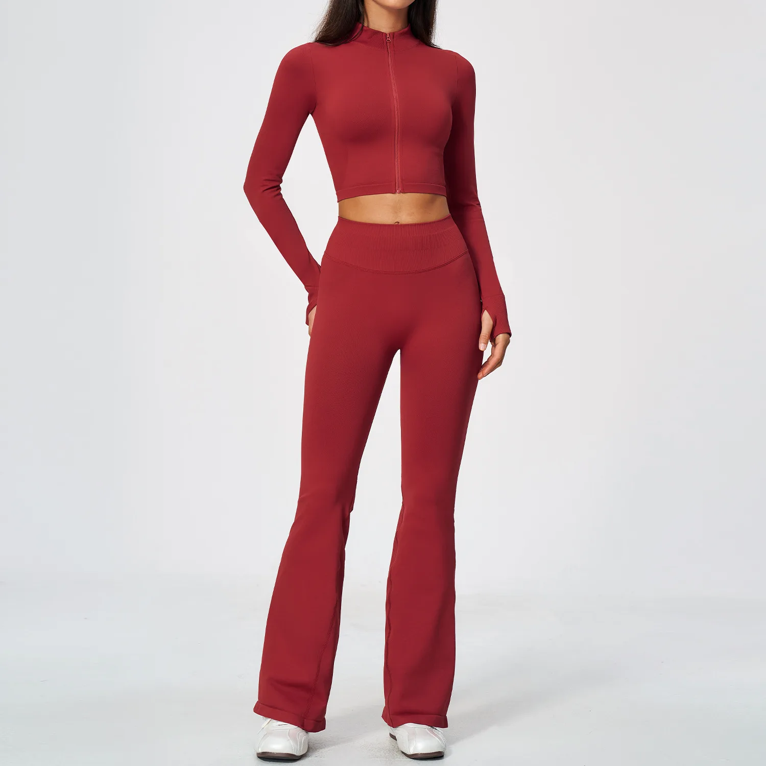 Women Seamless Yoga Set Workout Tracksuit Gym Clothing 2 Piece Ribbed zipper Thumb Hole Jacket High Waist Flare Leggings Suit