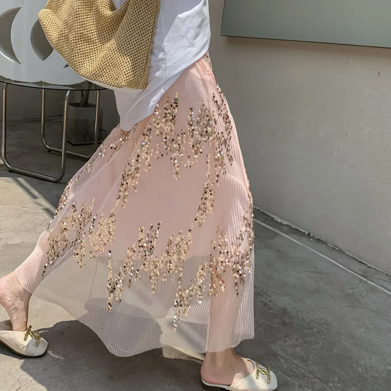 

Модные женские шифоновые юбки с блестками, однотонная юбка с эластичной резинкой на талии, весна-лето, нежная элегантная женская юбка средней длины