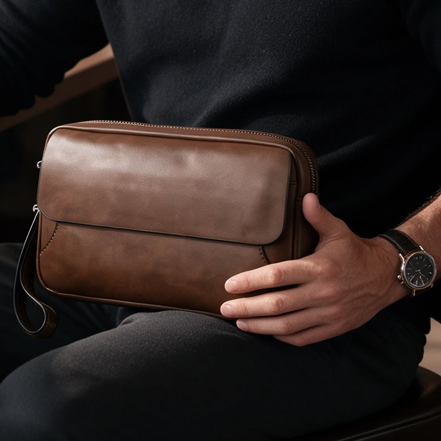 Men's PU Leather Clutch Bag with Wrist Strap, Brown Handheld Pouch with Magnetic Flap Front Pocket, Zipper Main Compartment