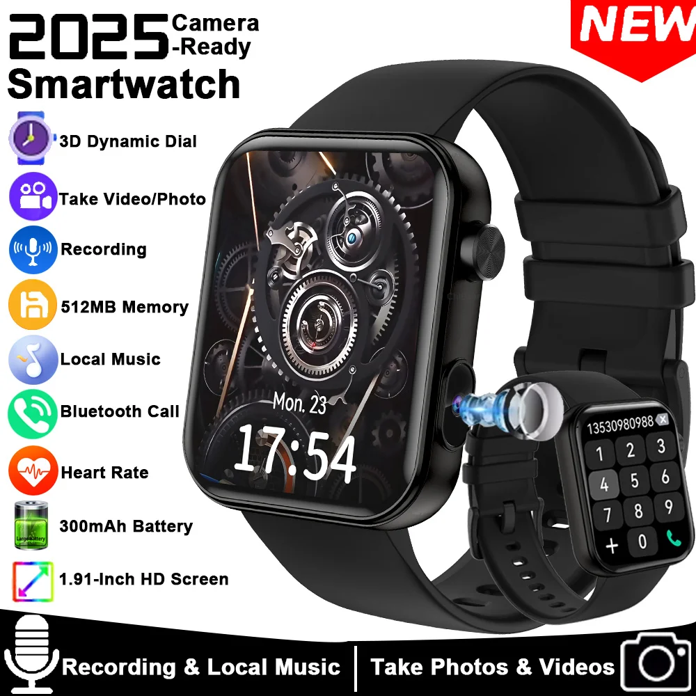 

2025 New Smart Watch with Camera Record Videos Sync Phone Camera Large Memory Dynamic Video Dial Music Bluetooth Call Smartwatch