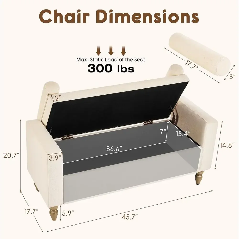 Linen-Covered Ottoman Bench, 45.7 Storage Entryway Seat with Wooden Legs, Shoe Storage, Bedroom/Living Room/Entryway, Beige