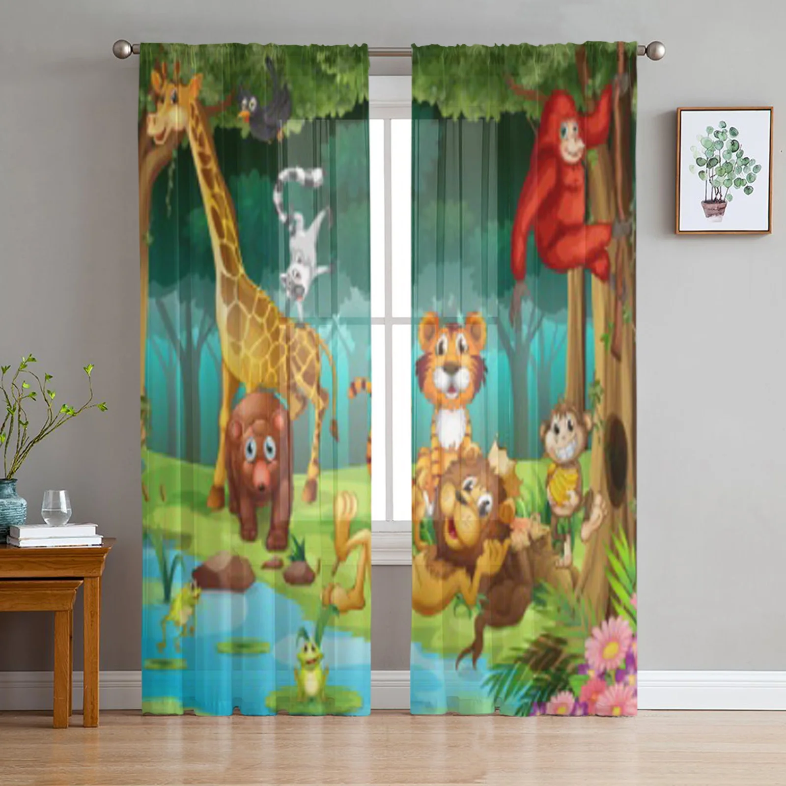 Animals Living In The Forest Cartoon Tulle Curtains For Living Room Sheer Curtain Bedroom Veil Organza Decorative Drapes