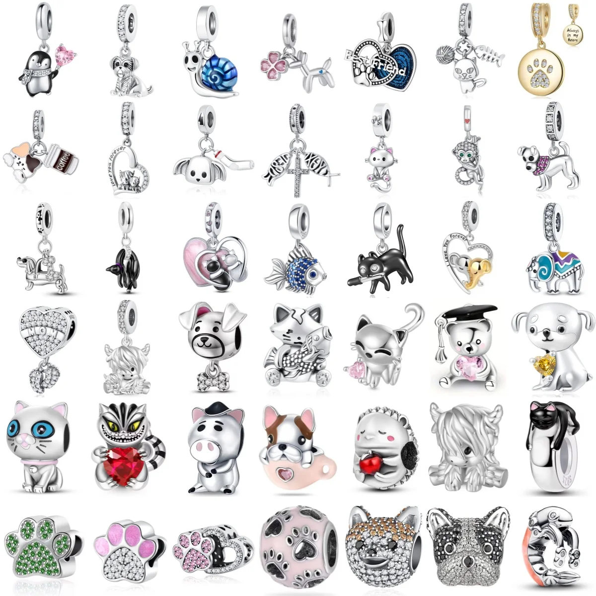 Latest S925 Silver Dog Cat Snail Unicorn Penguin Cute Pet Series DIY Pendant Fit for Original Bracelets Jewelry Gifts for Girls