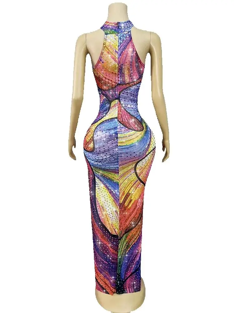 Alta qualidade carimbo quente e bloqueio de cor sexy pendurado pescoço fino ajuste split vestido 2025 nova moda roupas femininas personalizadas