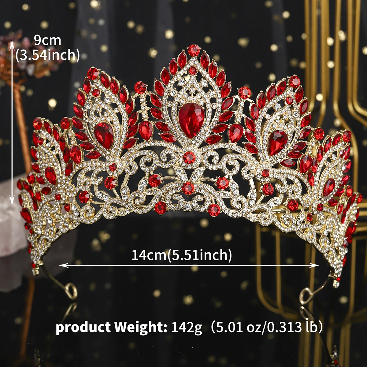 تاج الزفاف الأحمر الفاخر الغلاف الجوي الباروك حجر الراين الملكة تيارا إكسسوارات الشعر مأدبة فتاة خوذة التاج