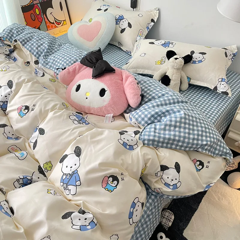 Sanrio Cotton Bedding Set Hello Kitty Pachacco Kuromi Sheet Duvet Cover Pillowcase King Queen Full Size Bedclothes Home Textile