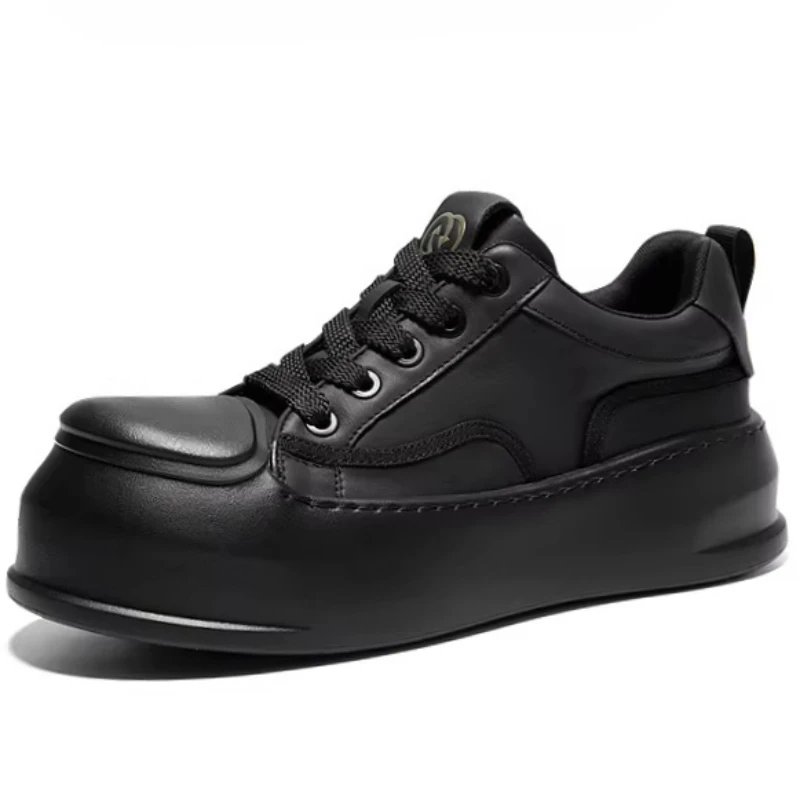 Black/White Wide Version Casual Board Shoes for Men's Genuine Leather Breathable Comfortable Thick Soled Height Increasing Shoes