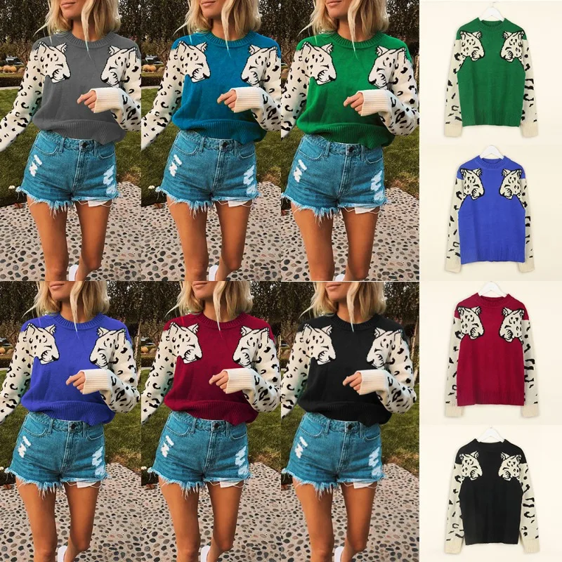 

Women's Leopard Print Pullover Knitted Sweater New Spring Autumn Sweater Top Women Casual Long Sleeve Round Neck Stretch Sweater