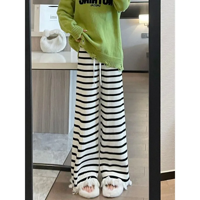Striped Soft Waxy Knitted Pants for Women Autumn Winter High-waisted Wide-leg Pants Straight-leg Loose Casual Fringed Trousers