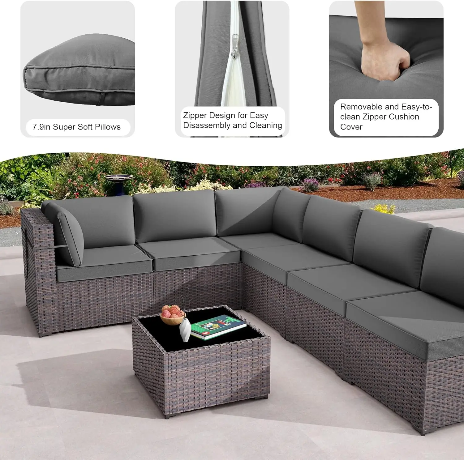 Patio Furniture Set, All-Weather Wicker Outdoor Patio Set Include Tempered Glass Coffee Table,Sofa,Cushion Set for Backyard