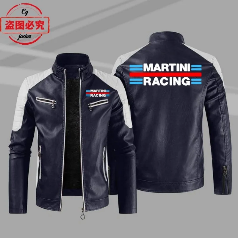 EU size Martini Racing Logo Printed Racing Suit PU Leather Jacket Windproof All Season Men's Contrasting Leather Jacket Workwear