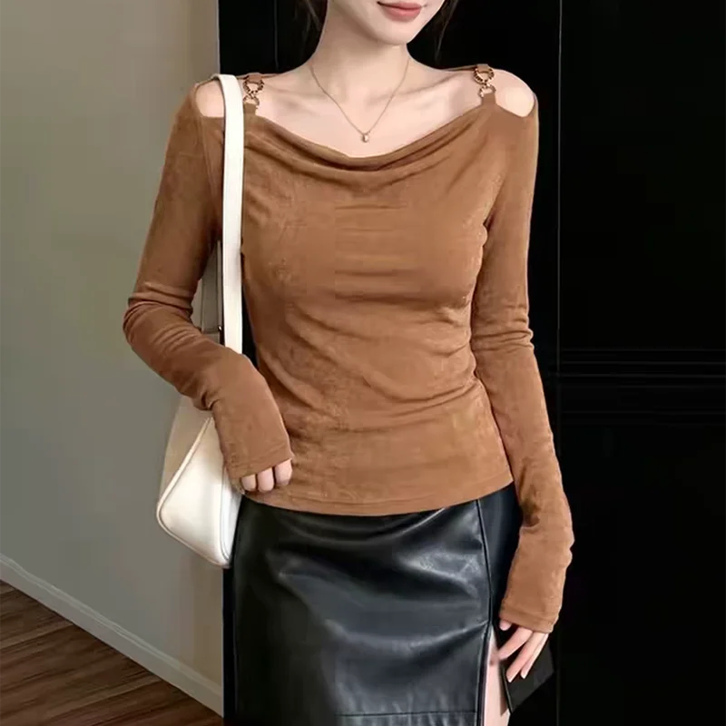 Off Shoulder Slim T Shirt Women Fashion All Match Autumn Cowl Neck Solid Tees Casual Chic Sexy Fall Long Sleeve Female Fit Tops