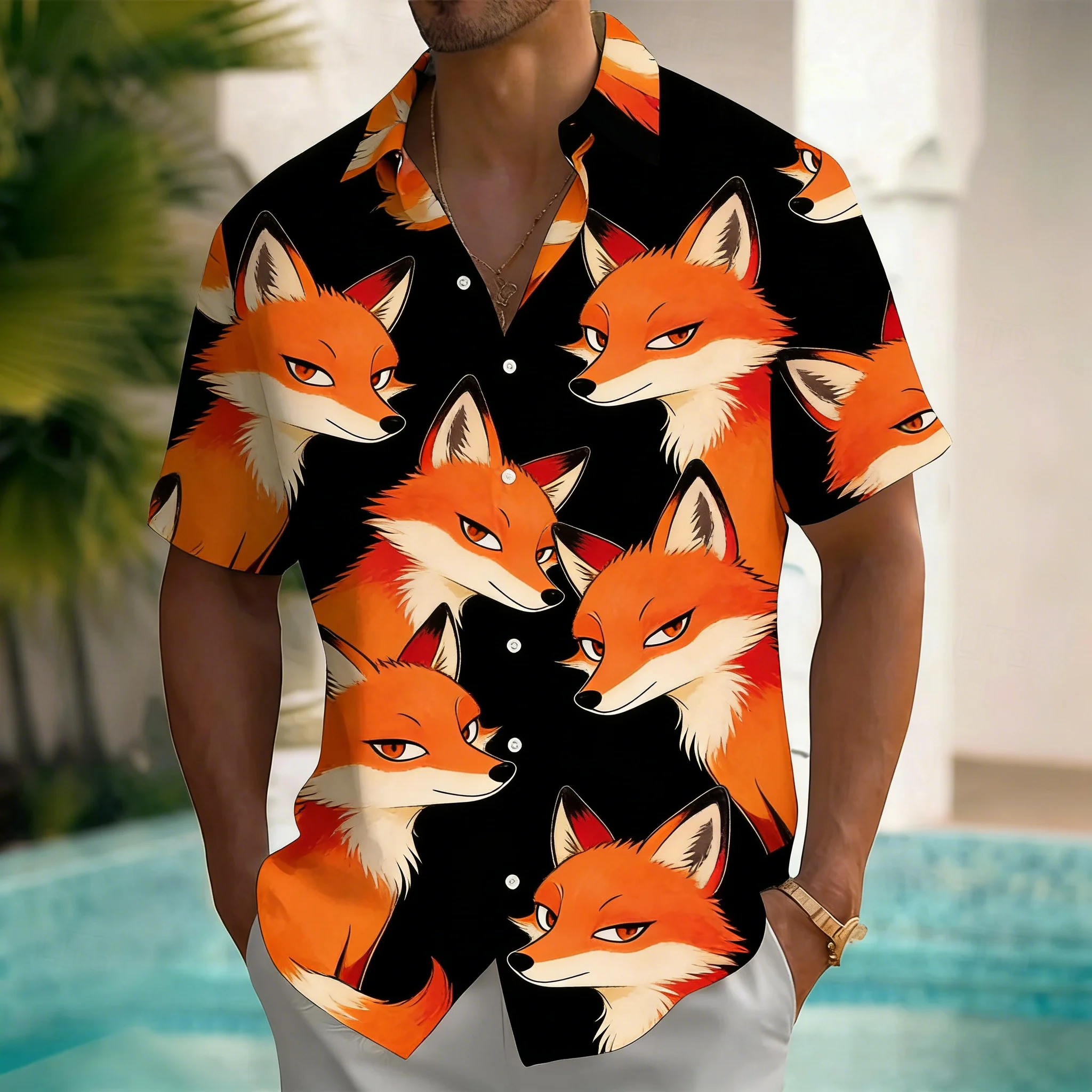 

Men's Cartoon Fox Head Print Short Sleeve Shirt, Cute Red Fox Pattern on Black Button Down for Spring Summer Casual