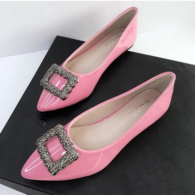 Lady Patent Leather Null Shiny Flats Shallow Mouth Black Crystal Buckle Shoes Pinkish Red Lovely Slip-On Narrow Feet 33-48 29cm