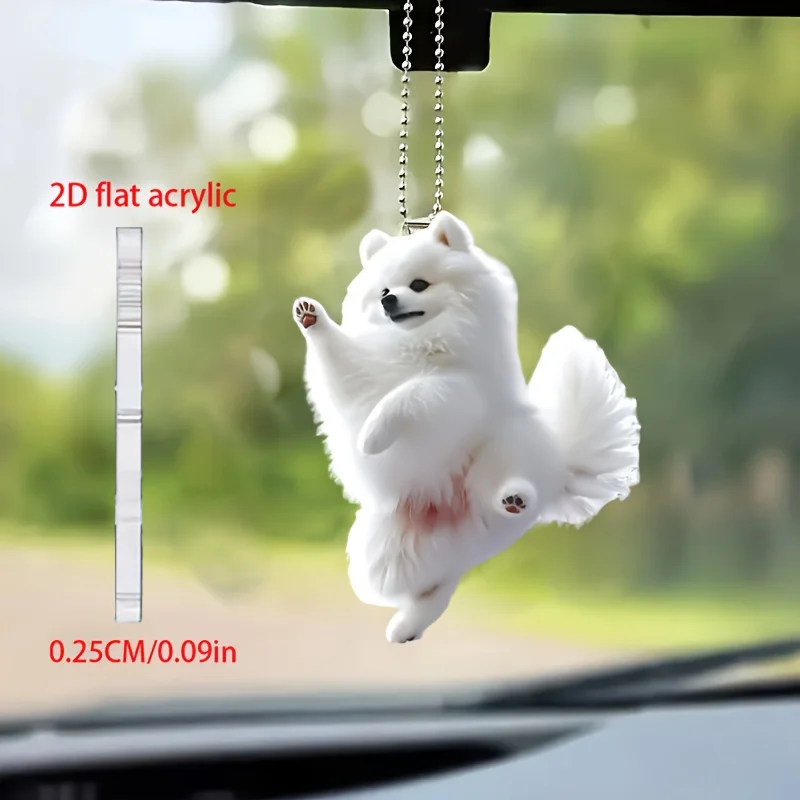 Cute White Pomeranian Dog Running Dancing 2D Acrylic Pendant Car Rearview Mirror Backpack Keychain Pet Accessory Dog Lover Gifts
