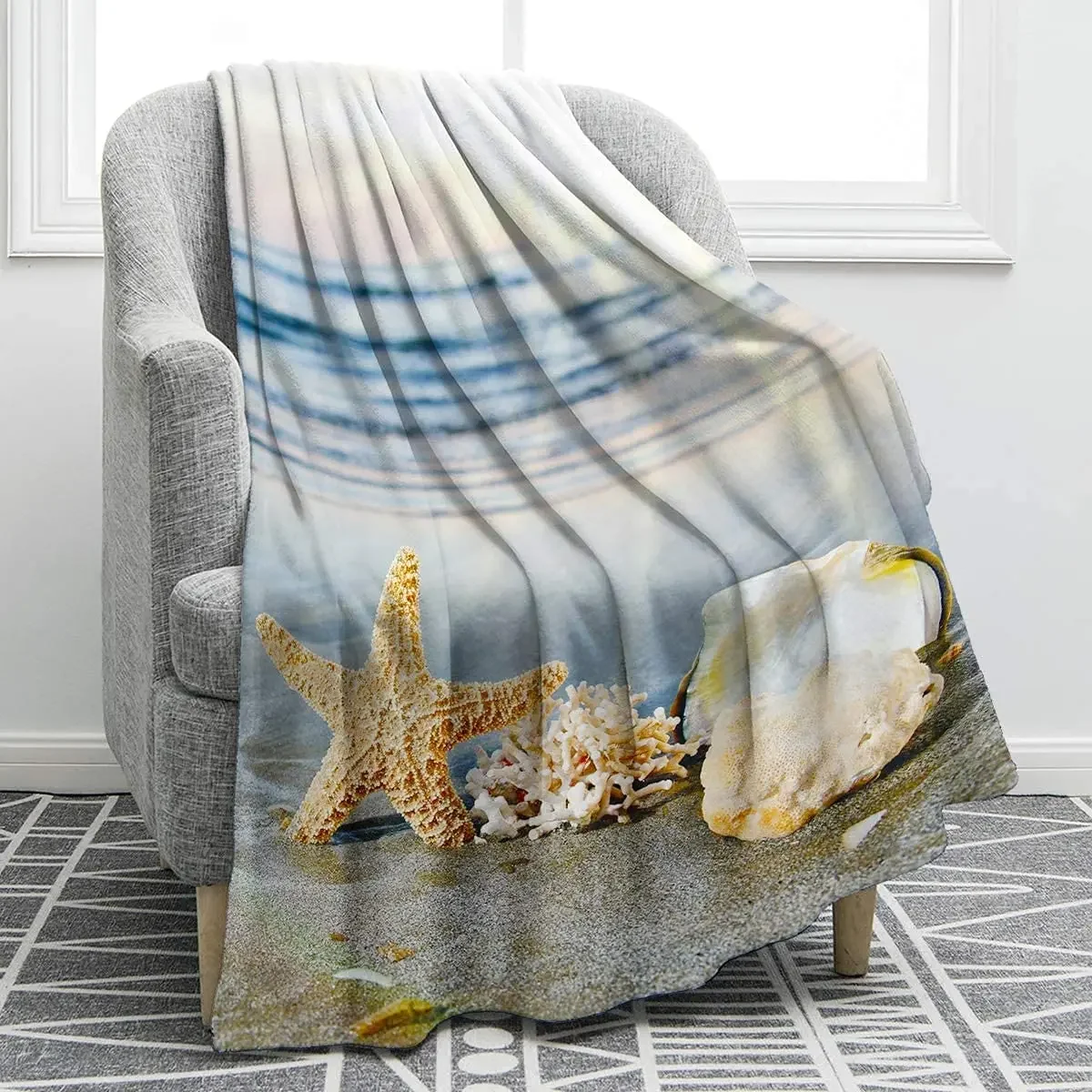 

Starfish Beach Sea Flannel Throw Blanket Sea Animals Blanket King Queen Size for Bed Sofa Couch Lightweight Warm Super Soft