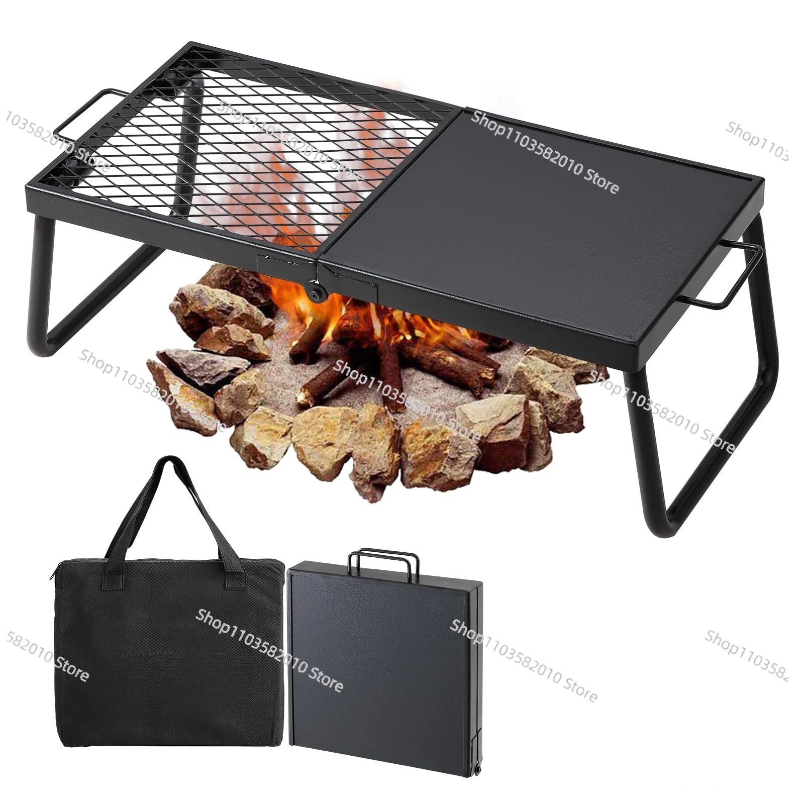 Foldable Iron Grill Rack, Rectangular Griddle Stand, Outdoor Camping Barbecue Support Frame