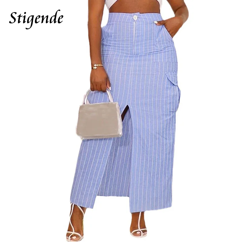 

Stigende Women Sexy High Split Striped Cargo Maxi Skirt High Waist Multiple Pockets Button Skirt