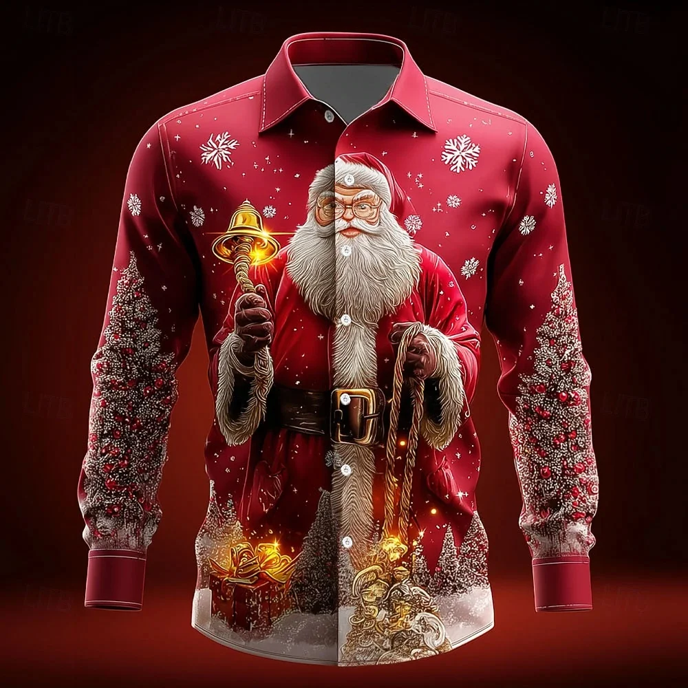 

Men's Long-Sleeved Christmas Shirt Santa Claus Bell Pattern Printed Lapel Button Fashionable Social Party Clothing