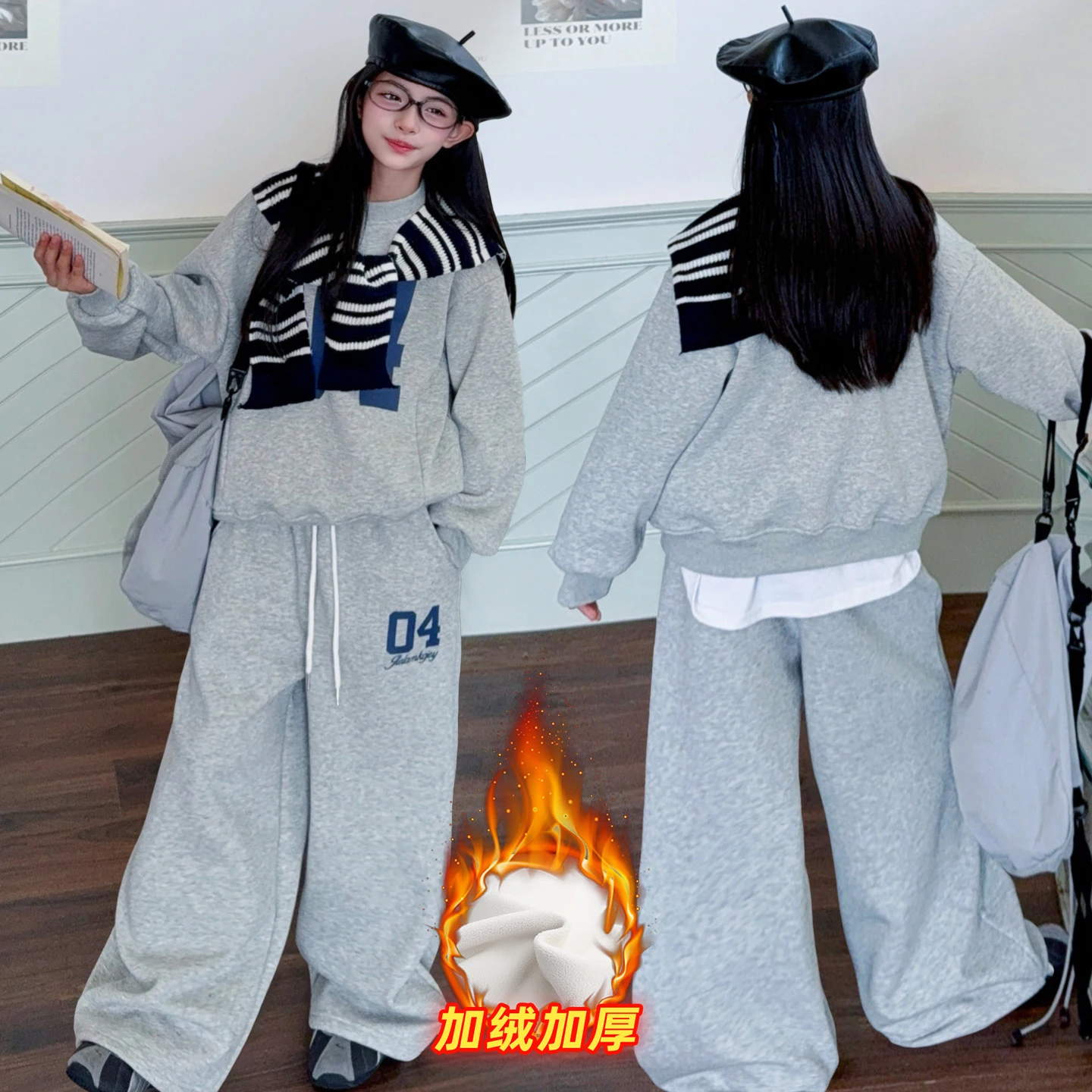 autumn winter teen girls sport clothes suit Thick velvet digital hoodie+Striped shawl+wide-leg pants 3pcs junior kid outfits set