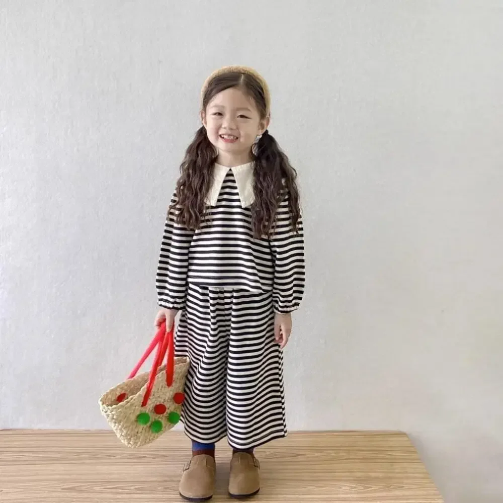 2026 New Spring and Autumn Striped Printed Girls' Clothing Korean Version Long Sleeved Lapel Top + Pants Kids' Sets and Outfits