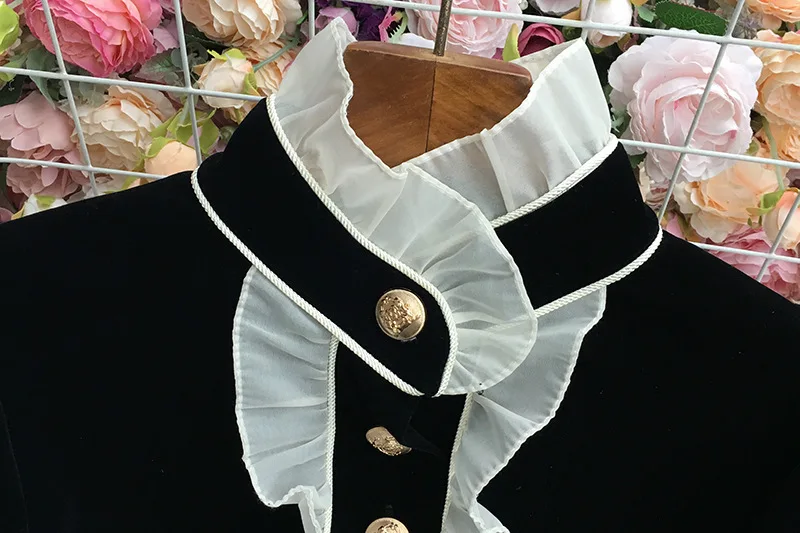 Autumn Winter White Ruffles Neck Black Long Sleeve Short Velvet Dress For Women Golden Button Prom Evening Party Vestidos