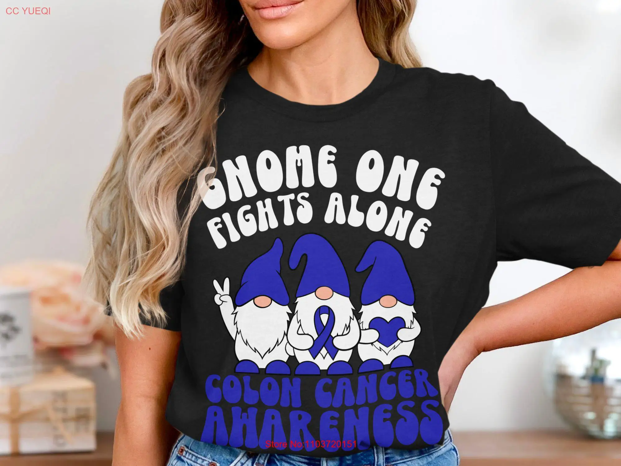 Футболка Gnome One Fights Alone, поддержка осведомленности о раке толстой кишки, синяя лента, длинные или короткие рукава