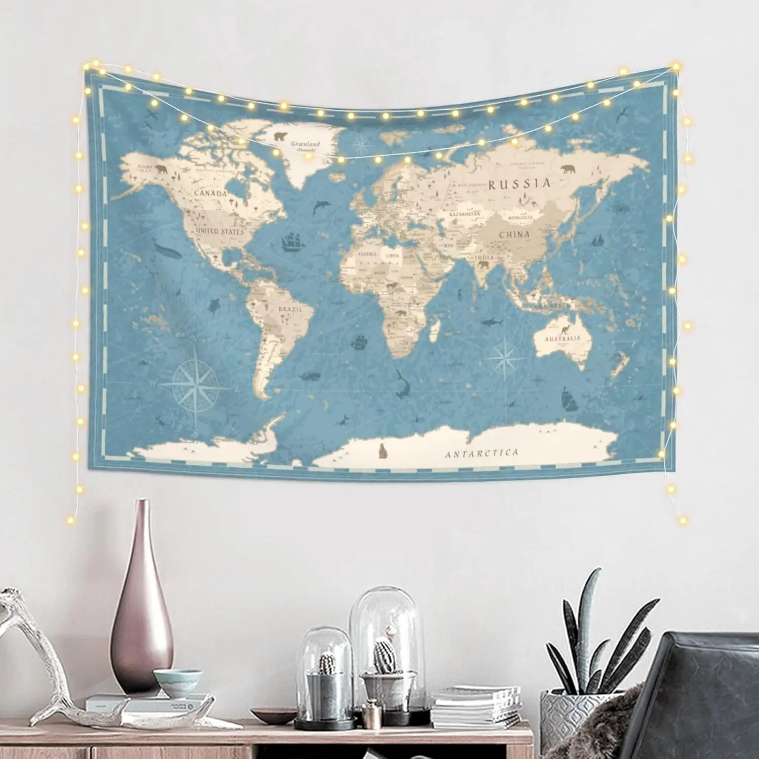 Bohemian World Map Tapestry Wall Hanging Antique Nautical Decor Art for Living Room Bedroom Geography Poster Print