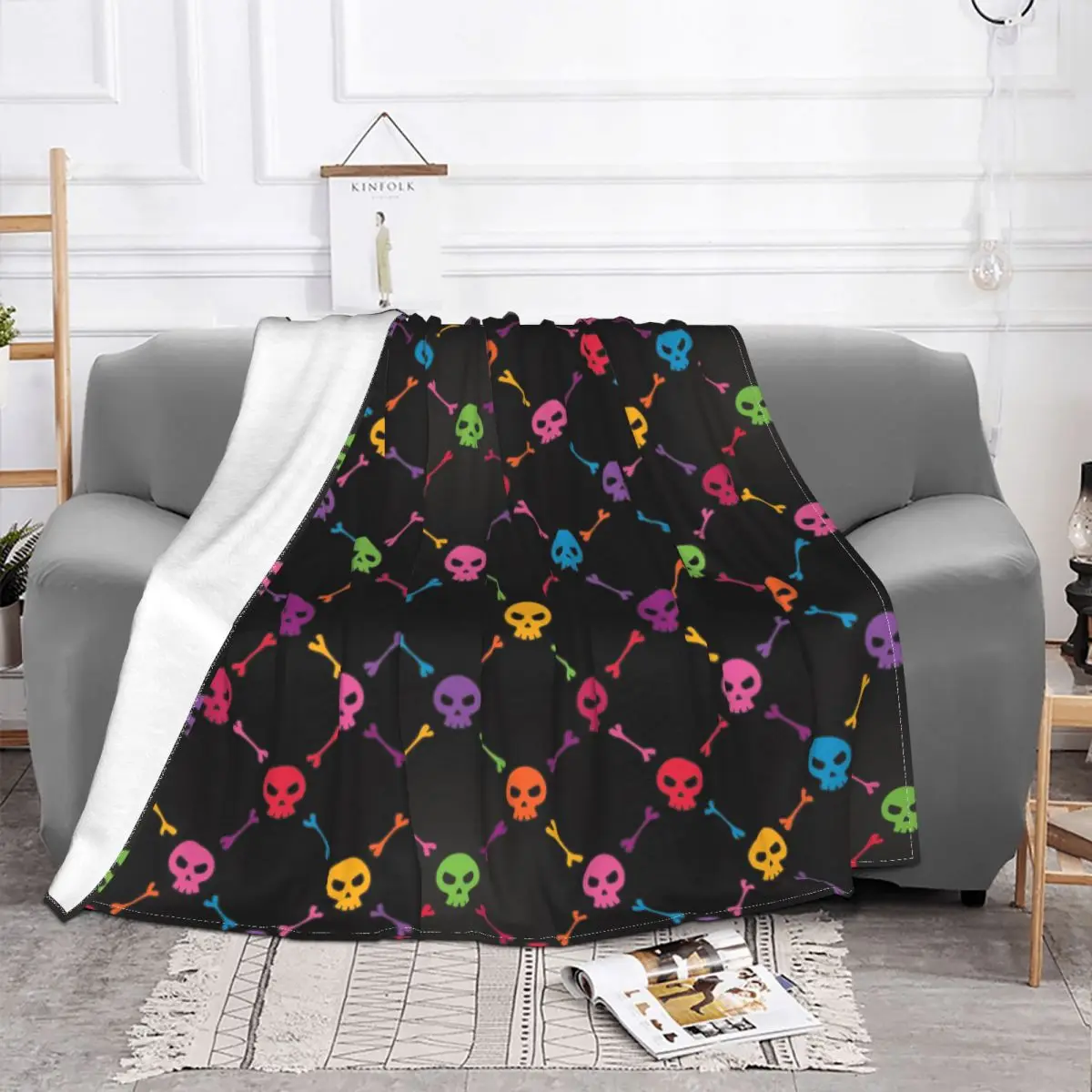 Cool Skull Blankets Fleece Autumn/Winter Colorful Multifunction Lightweight Thin Throw Blankets for Home Car Plush Thin Quilt