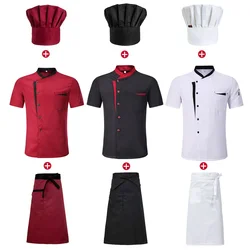 Conjunto de Chefs de manga corta para hombre y mujer, ropa de trabajo para restaurante, Hotel, cocina, chaqueta de Chef fina transpirable, delantal, abrigo de chef con sombrero