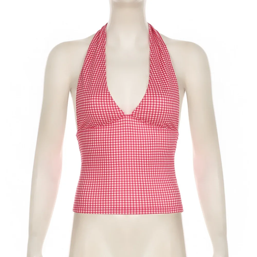 

Comfortable Love Heart Sleeveless Crop Top Korean Style Grid Pattern Halter Vest Top Ins Y2K Lace Up Women Camisole Female