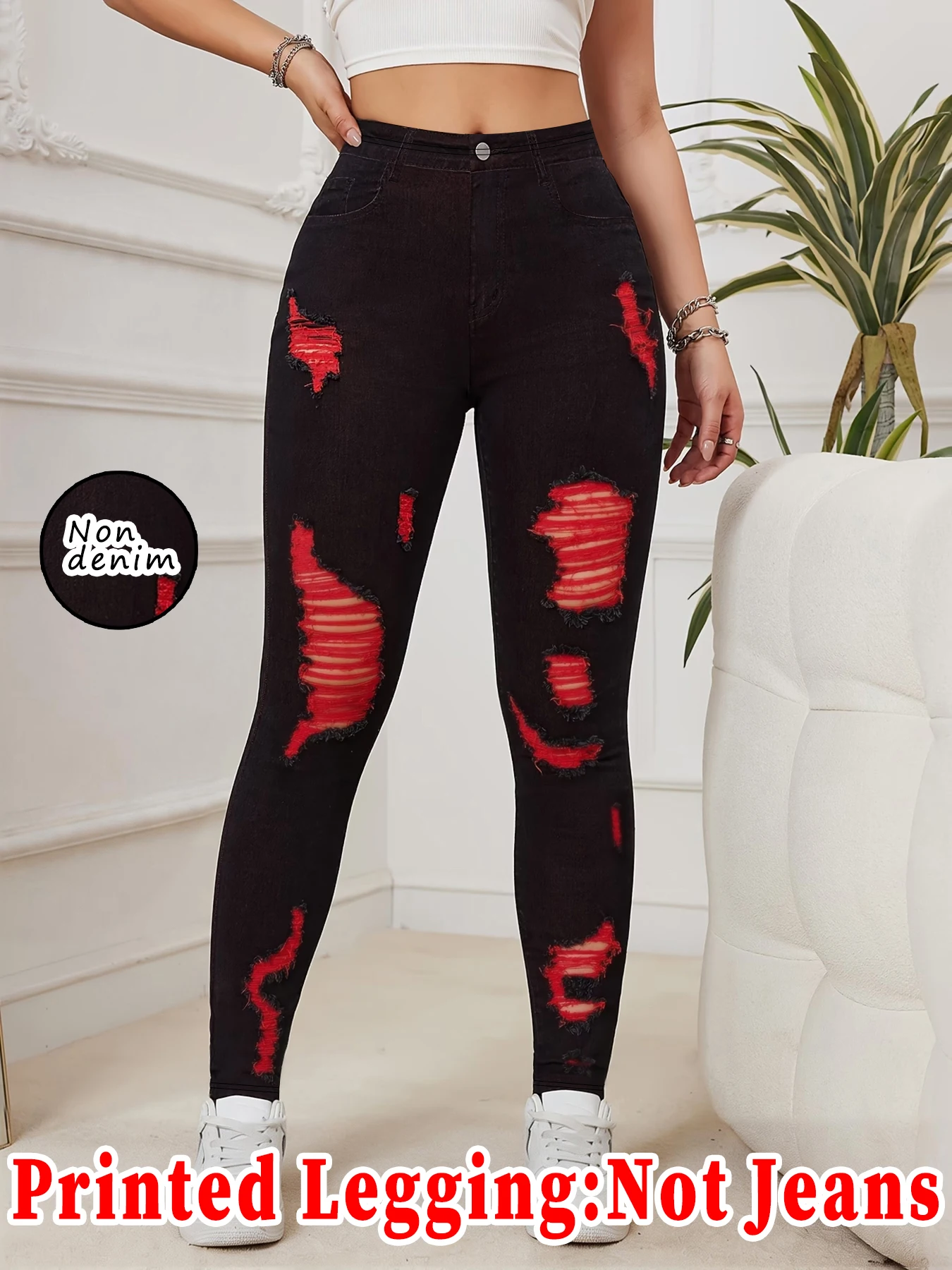 Bedruckte Leggings – kein Denim-Stoff, durchgehend mit einem Denim-Muster bedruckte lange Hosen mit einer aufgesetzten Tasche und Knopfdetails. Neu eingetroffen – Detail 2