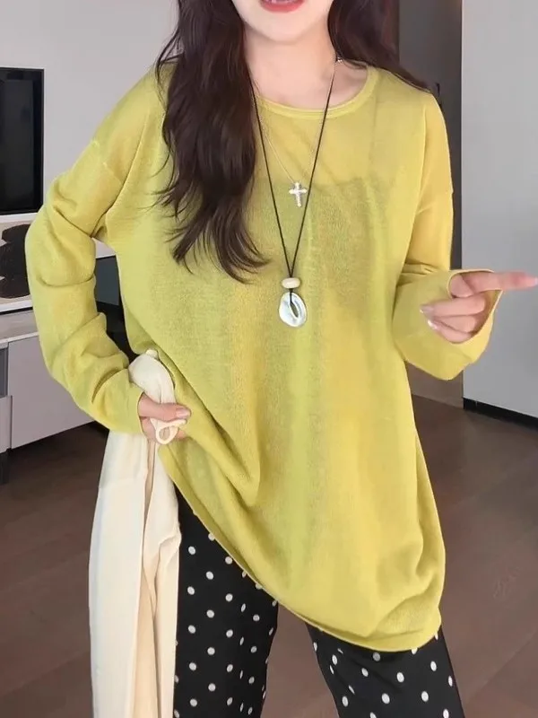 

Korean Sle round Ne Long Sve T-irt Women Summer Thin Large Size Loose Slimming Casual Sun Protection Cover up Top