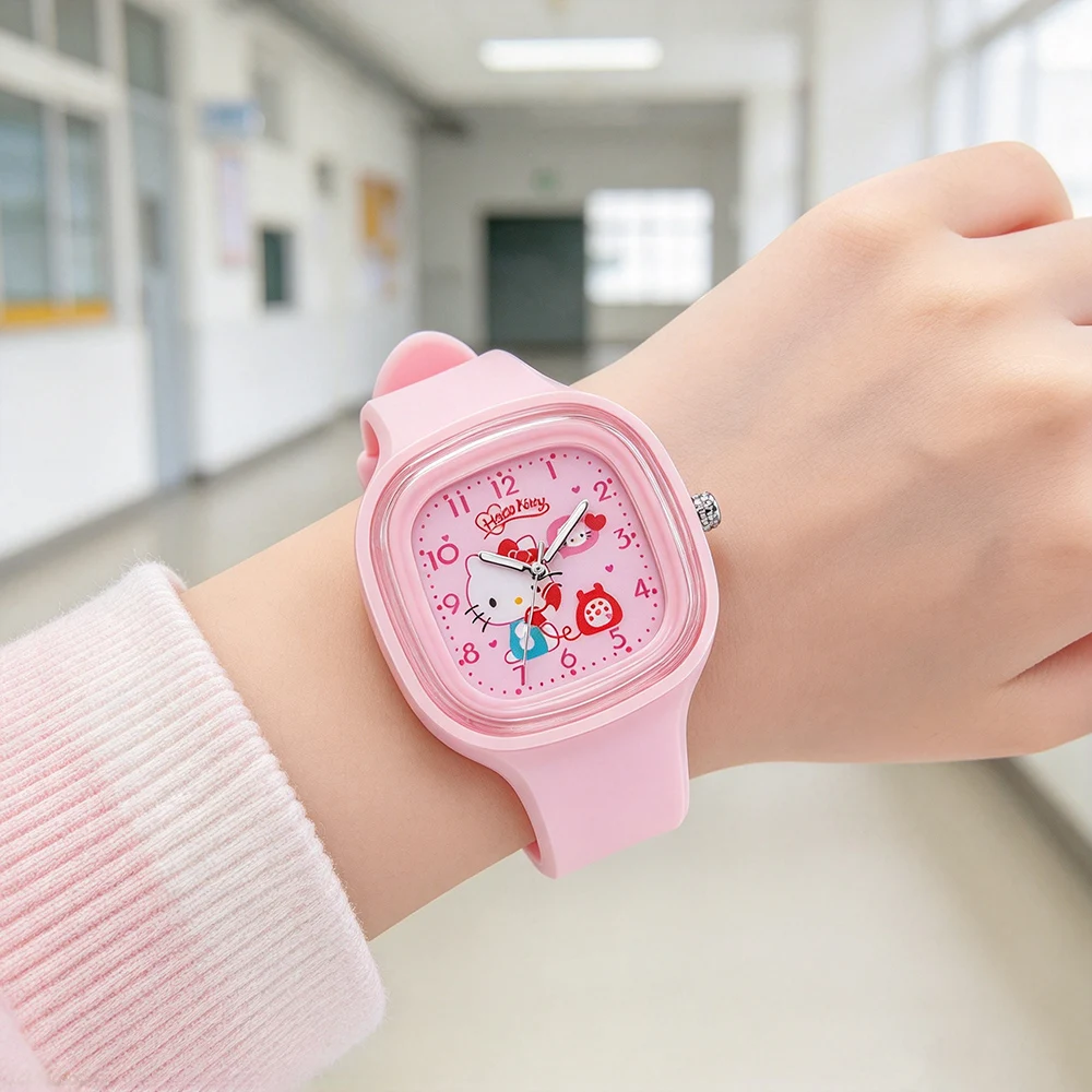 New Cartoon Hello Kitty Children Watches for Girls Soft Silicone Band Square Kids Quartz Watch Women Birthday Gift Wristwatch