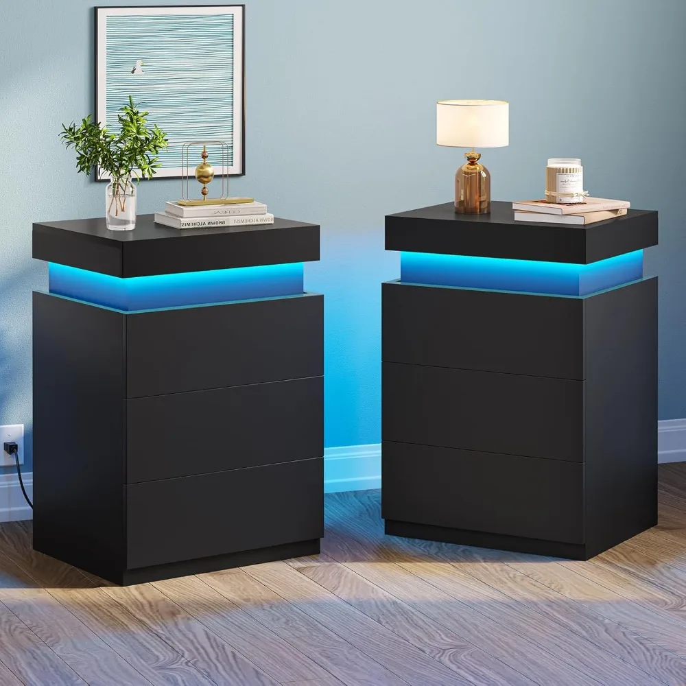 LED Nightstands Set of 2,Night Stands for Bedroom Set of 2,Nightstand with Charging Station and Sliding Top,End Table