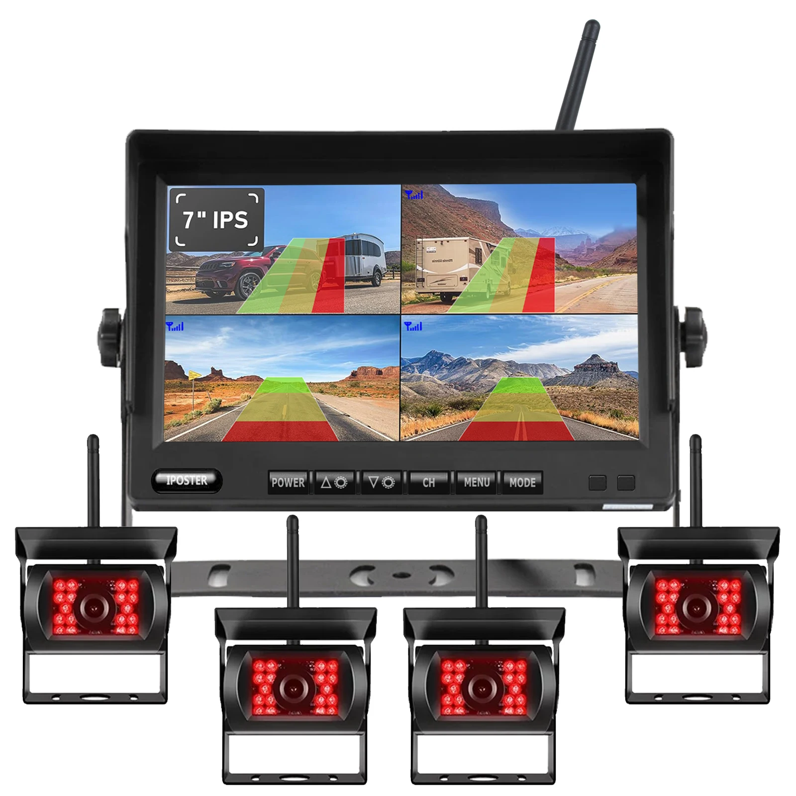 

Digital Wireless 7"Quad Monitor Split Screen 1/2/3/4x Reversing Backup Cameras Night View Waterproof 12-24v For Caravan Rv Truck
