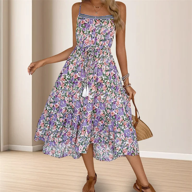 Dourbesty femmes cordon avant longue robe Maxi sans manches Spaghetti sangle imprimé fleuri robe ample robe de vacances Vestido 2025