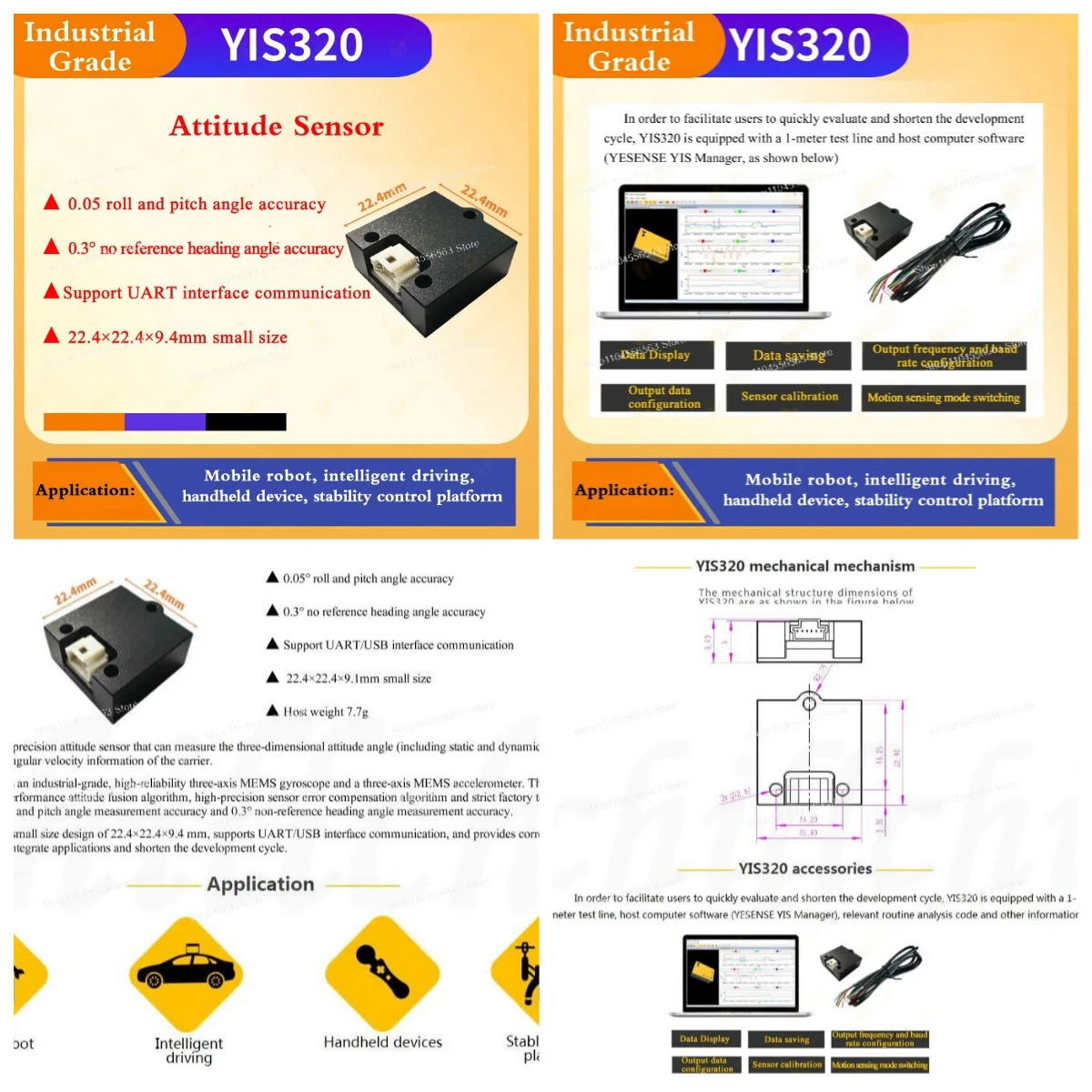 YIS320 Industrial Grade Attitude Sensor AHRS, Small Size High Reliability for Robotics Autonomous Navigation