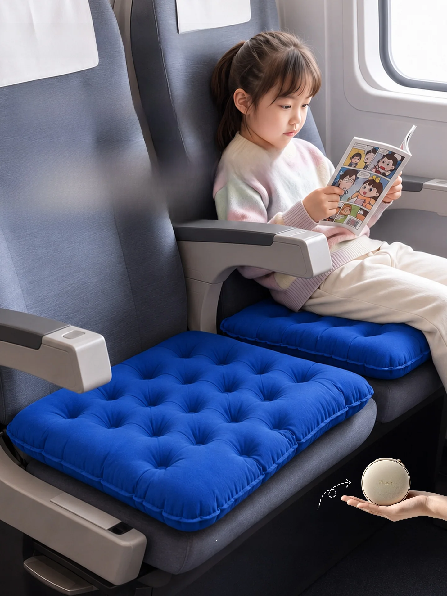 ポータブルインフレータブルシートクッション旅行用抗腰痛ハードシートソフトナー、長距離飛行機、高速鉄道、列車旅行用