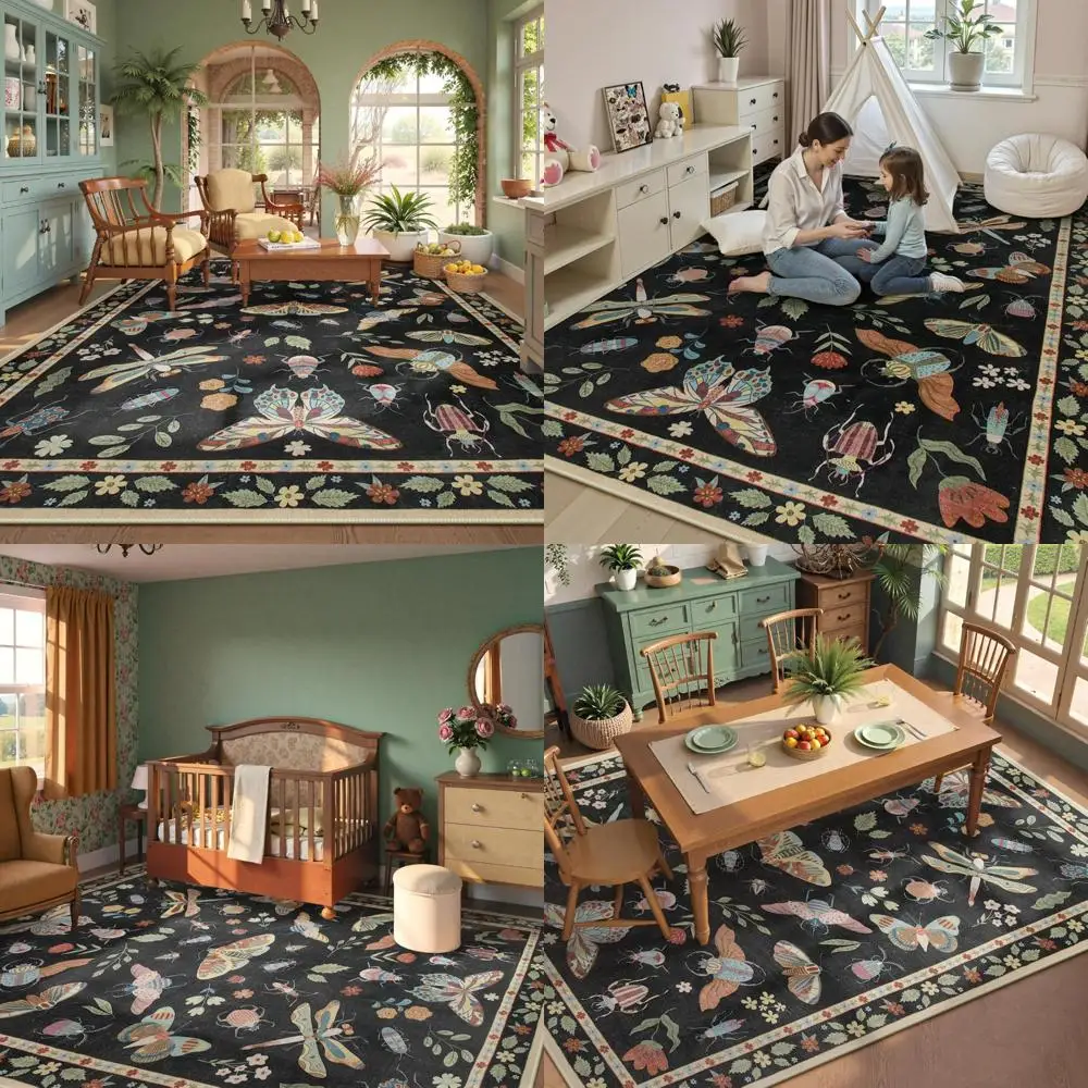 

Boho Chic 8x10 Area Rug, Washable Non-Slip Thin Carpet for Bedroom, Foldable Low Pile Floor Covering