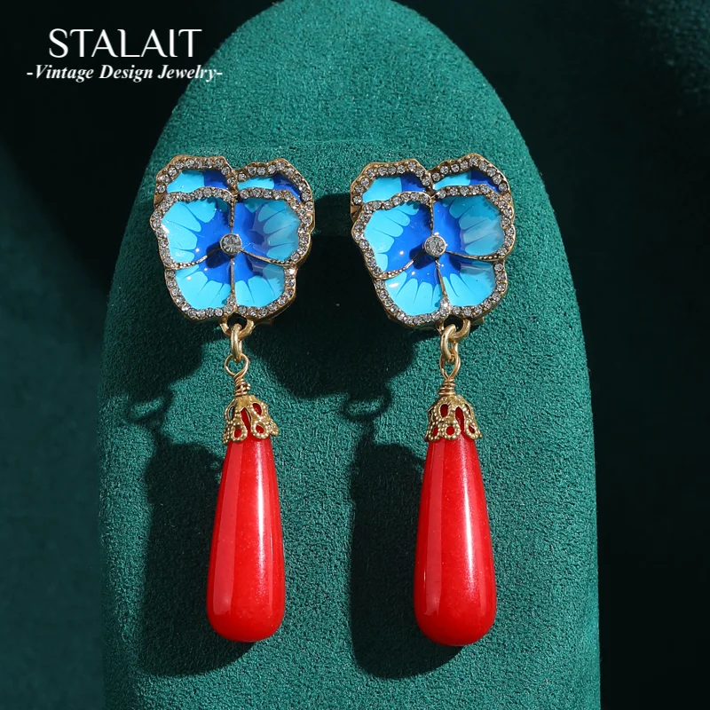 

Vintage Drop Dangle Earrings Chinese Blue Enamel Leaf Long Red Natural Stone Antique For Women Pendant Jewelry Mother Day Gift