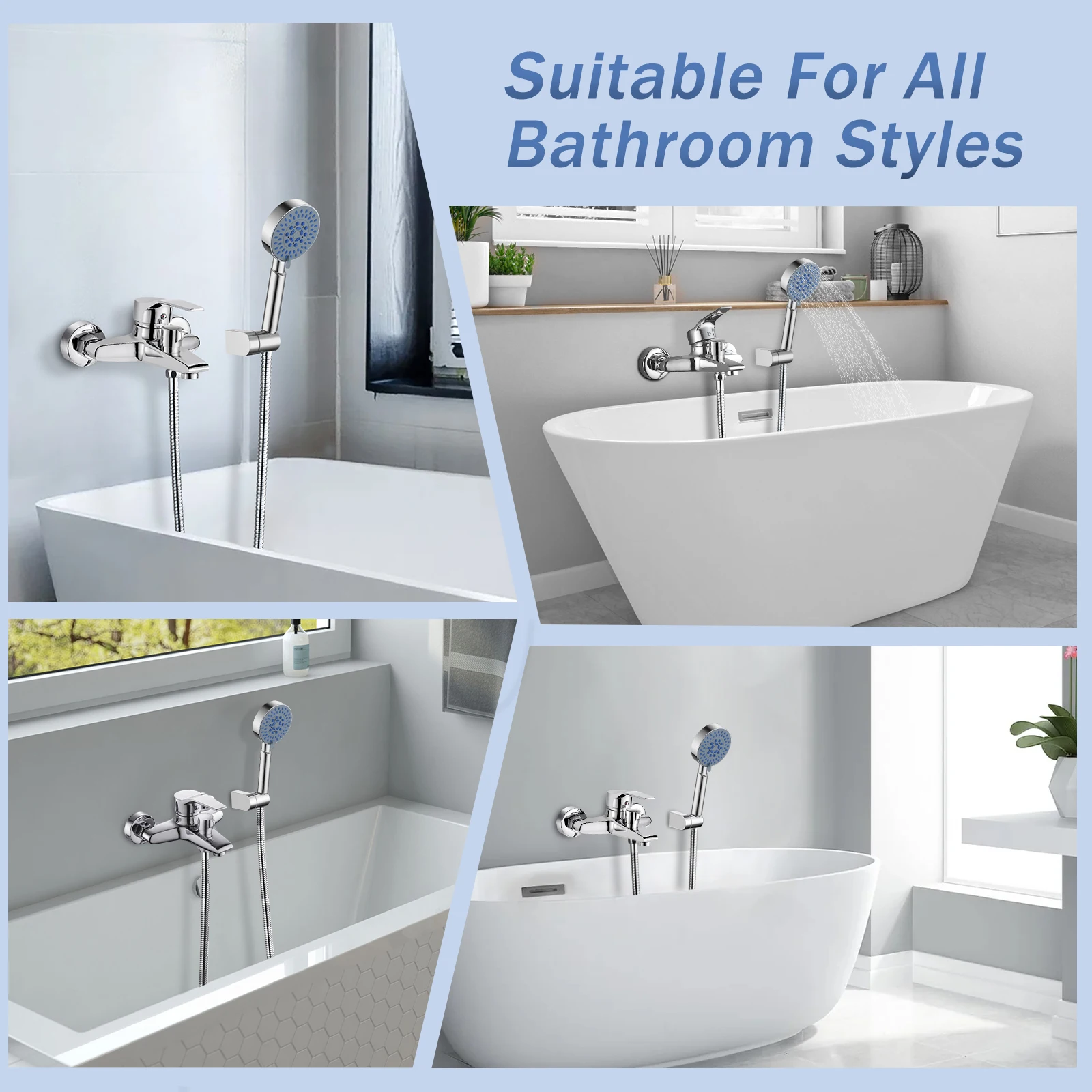 Oeegoo Badewannenarmatur mit Handbrause, Messing-Mischbatterie für Badewanne mit 5 Funktionen, inklusive Wandhalterung und 150 cm Duschschlauch – Detail 6