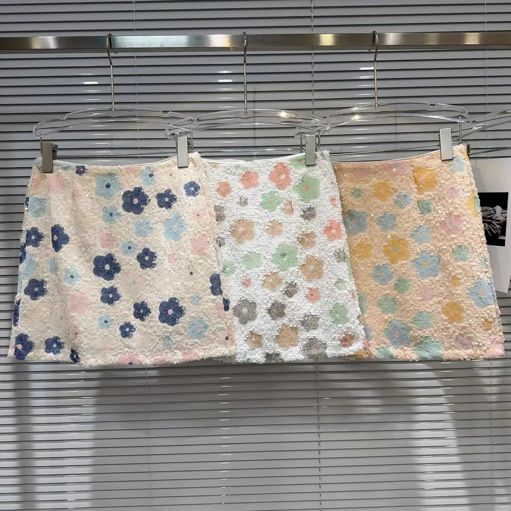 

Women's Skirt Colorful Flowers Pattern Sequins High Waist Short Slim Sweet Miniskirts New Summer Fashion A-line Skirt Half Skirt