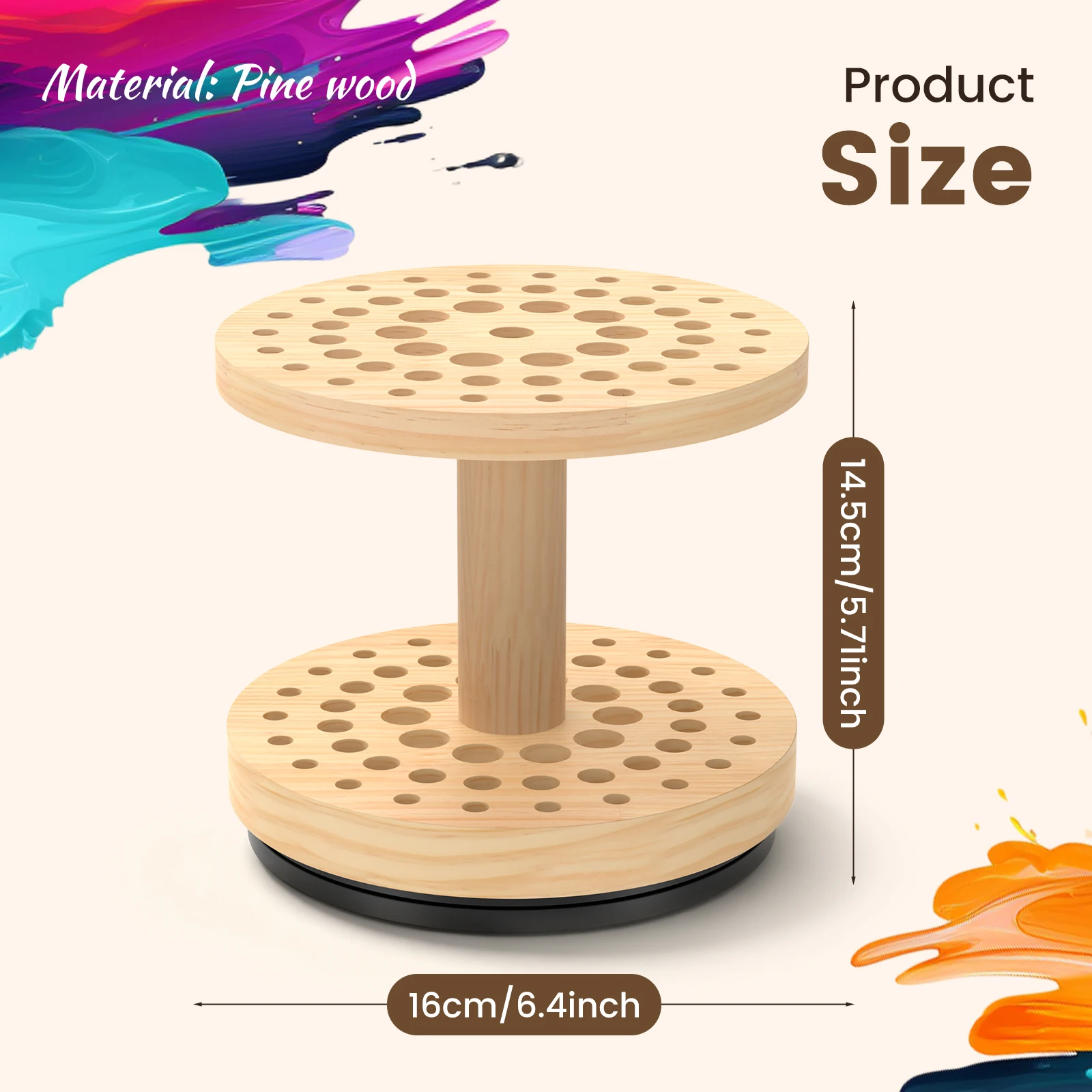 Wooden Paint Brush Holder 360° Rotating 52 Multi Size Holes for Artist Paint Brush Holder Paint Pen Organizer Painting Supplies